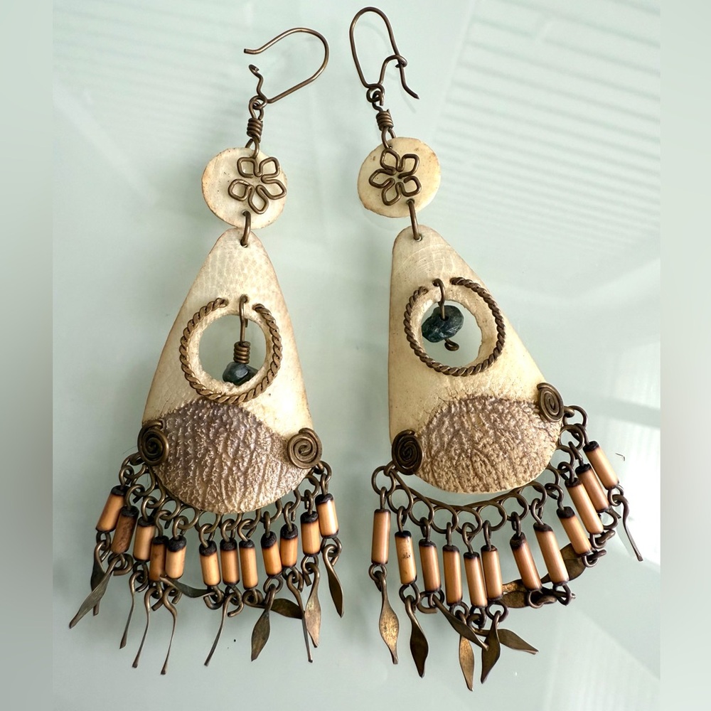 Vintage handcrafted earrings from South America, fish scale and turquoise